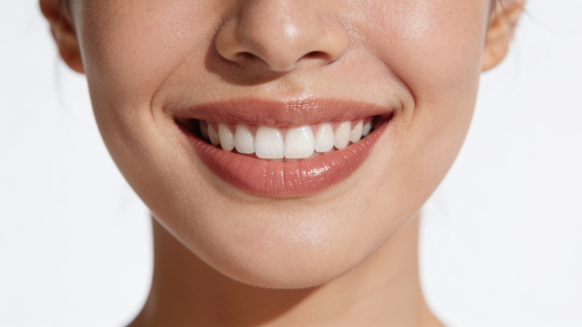 Close-up de sorriso natural harmonioso em fundo claro