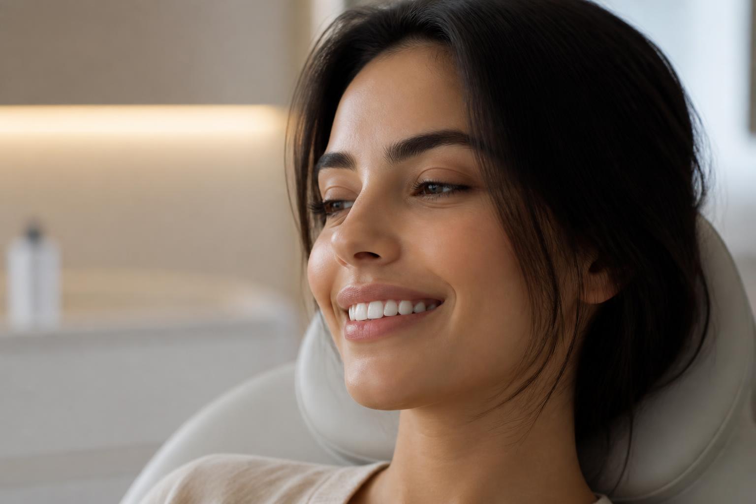 Sorriso elegante e confiante em clínica de estética de alto padrão