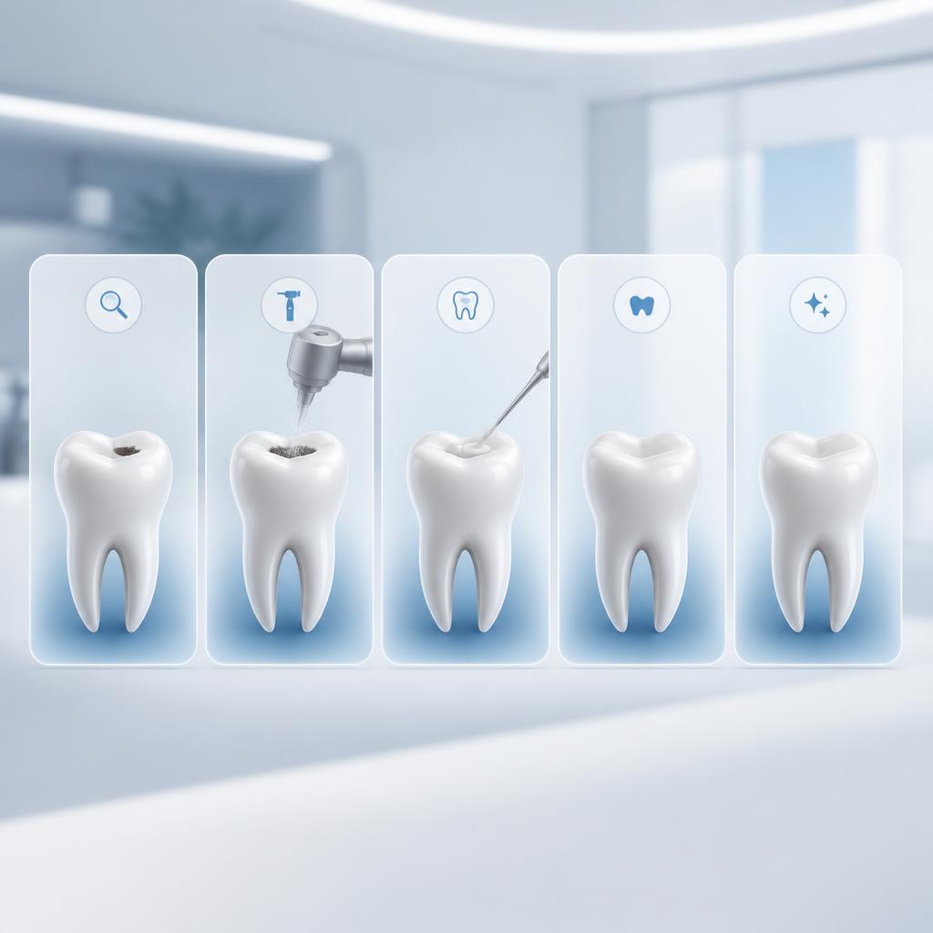 Etapas do tratamento dental em layout clínico minimalista
